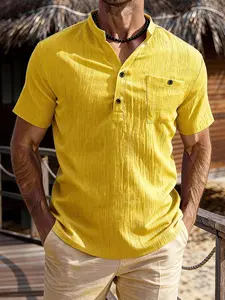 Men's Casual Short Sleeve Shirt, Solid Color Simple Design, Soft Comfortable, Ideal for Outdoor Activities, Stand Collar