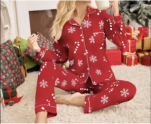 Holiday Pajamas Women's Red Snowflake Print Lapel Cardigan Long-Sleeved Trousers Loungewear Suit Nightwear Womenswear