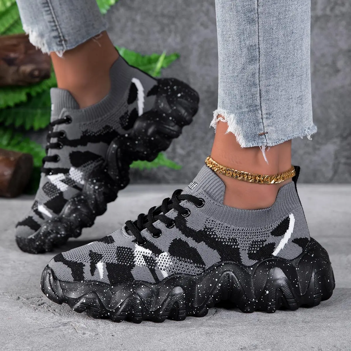 Gorpcore Camo Chunky Sneakers for Women - Tactical Techwear Platform Shoes, Speckled Wave Sole Knit Sock Trainers, Retro Streetwear Kicks