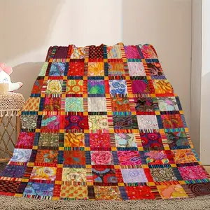 Vintage Patchwork Quilted Blanket - Flannel Fleece, Soft And Comfortable, All Seasons, Multipurpose Office, Outdoor, Travel Blanket, Stain Resistant, Machine Washable, Digital Printed Polyester - Quilted Craft