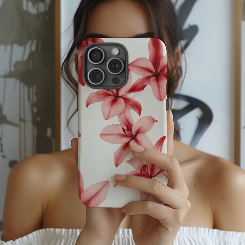 Lily Spring Soft Design Smartphone Case - Red Flower Summer Nature Casing, Durable Shockproof Protection Cellphone Accessory Shell Compatible with iPhone 11,12,13,14,15,16,17 Pro Max Air Plus