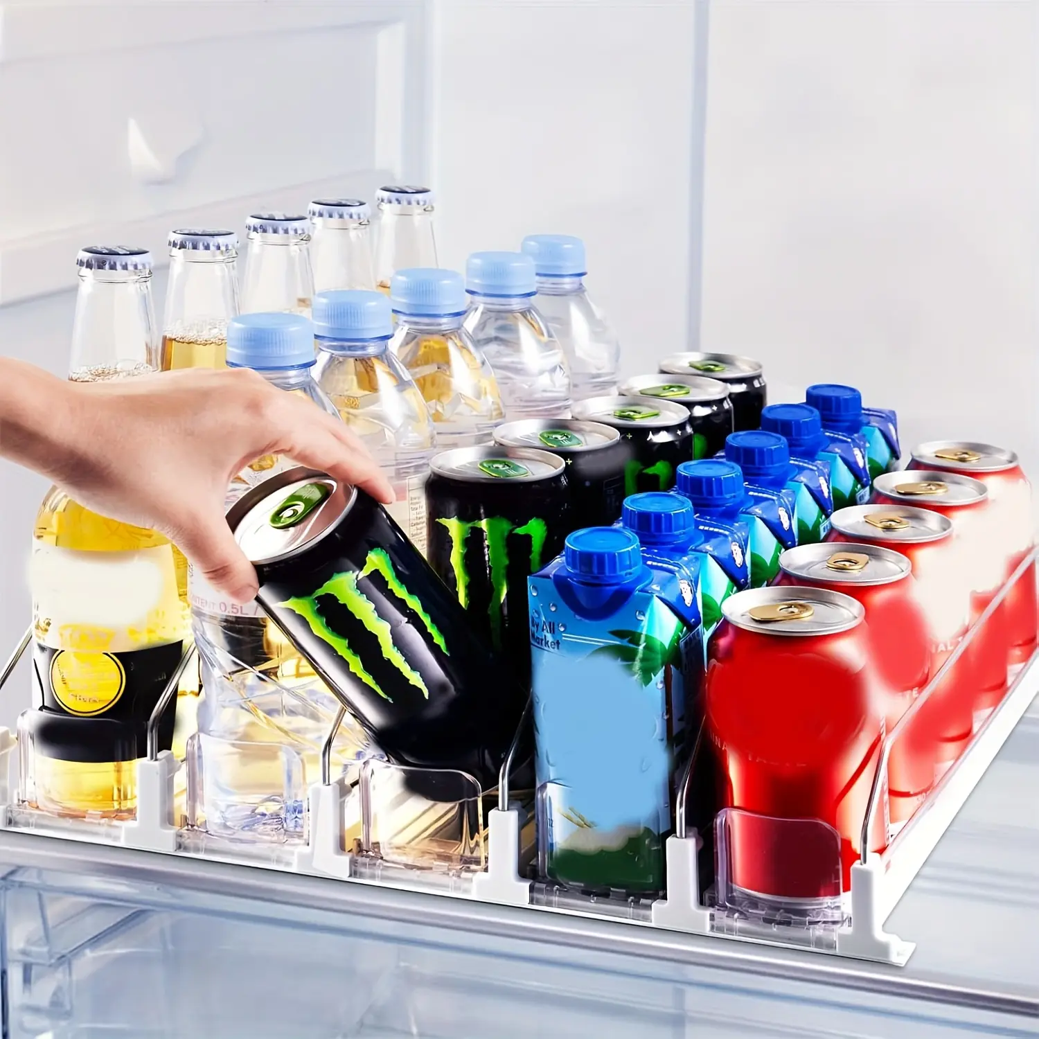 Refrigerator Storage Box - Automatic Pusher, Adjustable Transparent Dividers, 15-Can Capacity, Stackable Home Organizer for Soda Bottles