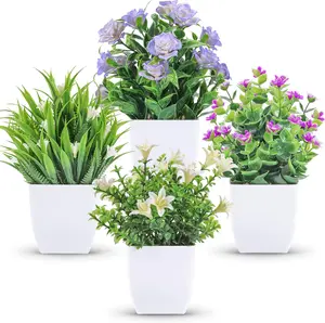 4 Pack Small Fake Plants Mini Artificial Faux Plants Indoor with Flowers Spring Decorations for Home Room Farmhouse Desk House Bathroom Decor Easy to Decorate No Maintenance
