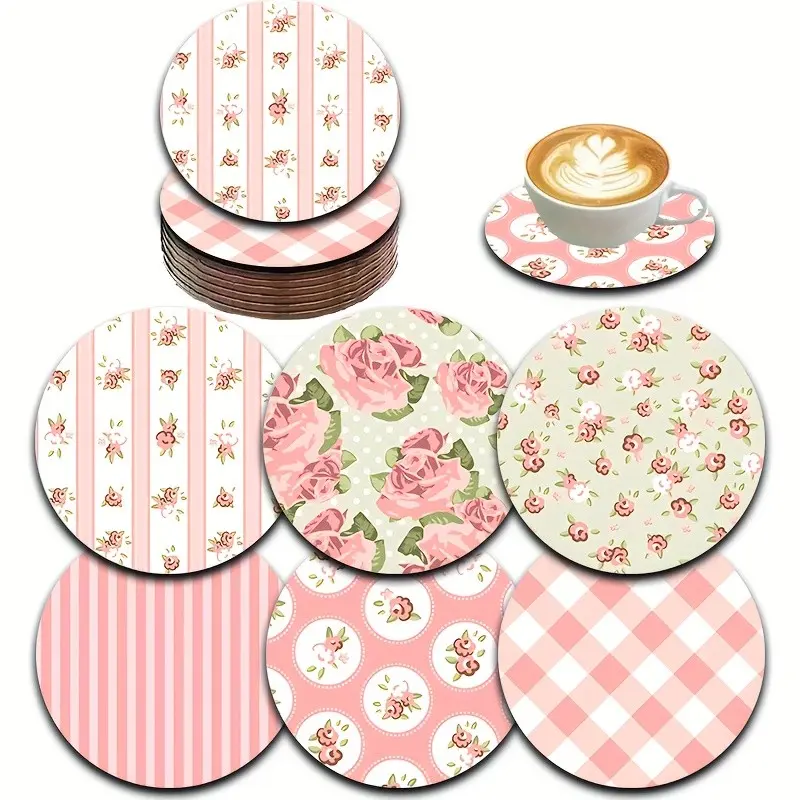Vintage Flower Pattern Coaster, 6 Counts/set Heat Resistant Non-slip Wooden Coasters, Decorative Household Placemat for Home Office Party