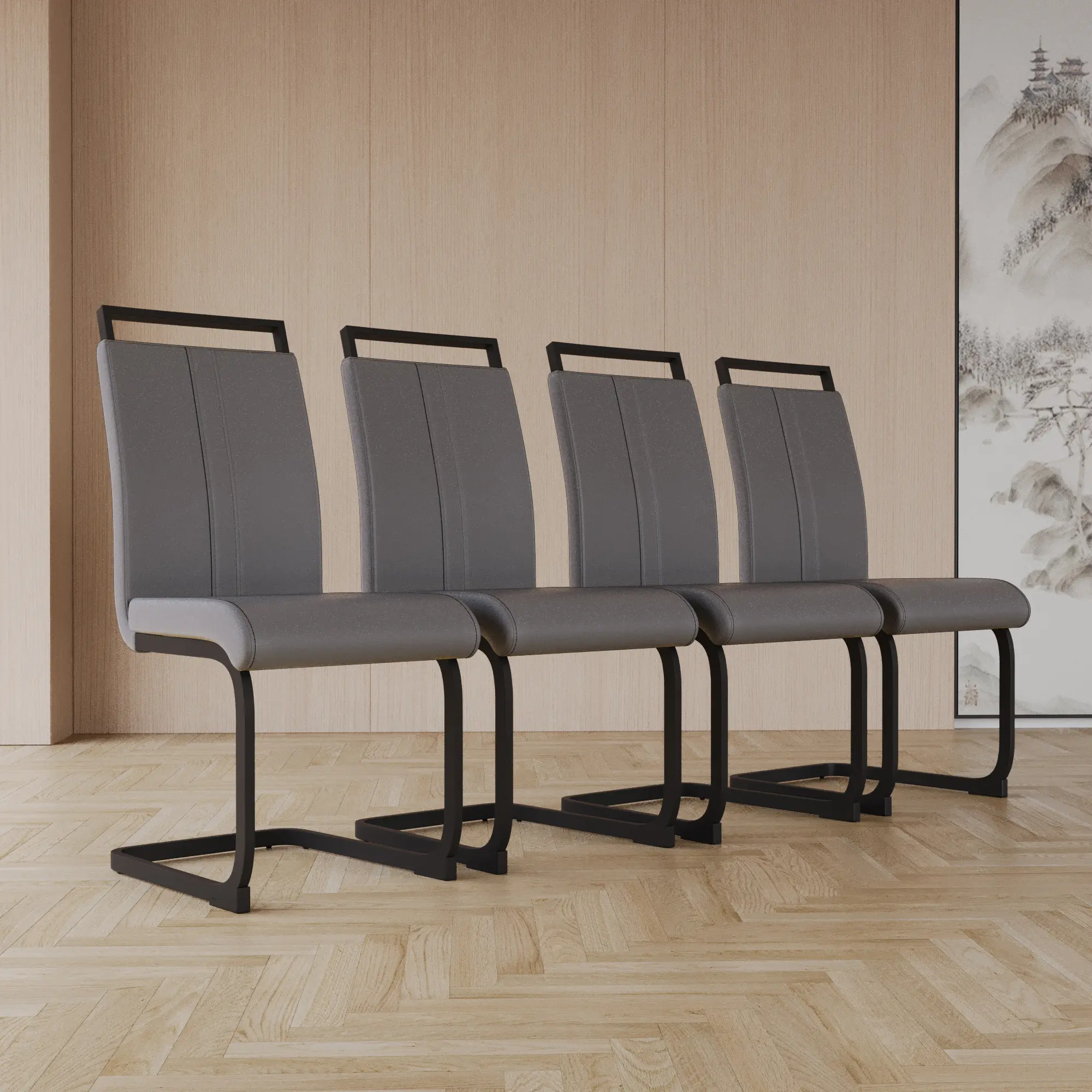 Set of 4 PU Leather Dining Chairs High Back Ergonomic C-Shaped Black Metal Legs Modern Home Kitchen Living Room Office Seating, Grey, Chair Sets, Comfy Dining Chairs