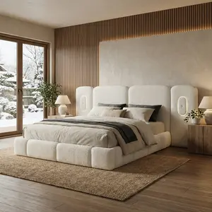 Newhaven Bed, Contemporary Ivory Boucle Upholstered Platform Bed with LED Lighting by FOA