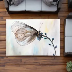 360 stand 4x6 ft. Rectangle Polyester Butterfly Area Rug - Blue Flowers, Animal Motif, Easy Clean, Indoor/Outdoor Living Room Decor