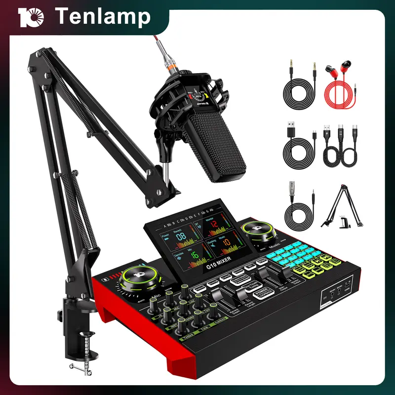 Tenlamp G10-PK Pro (Cantilever) Mixer Sound Card Kit, Custom Sound Effects, with Condenser Microphone, for Live Streaming, Gaming, Singing Podcast Equipment, 2-Level Noise Reduction, Computer Audio Mixer