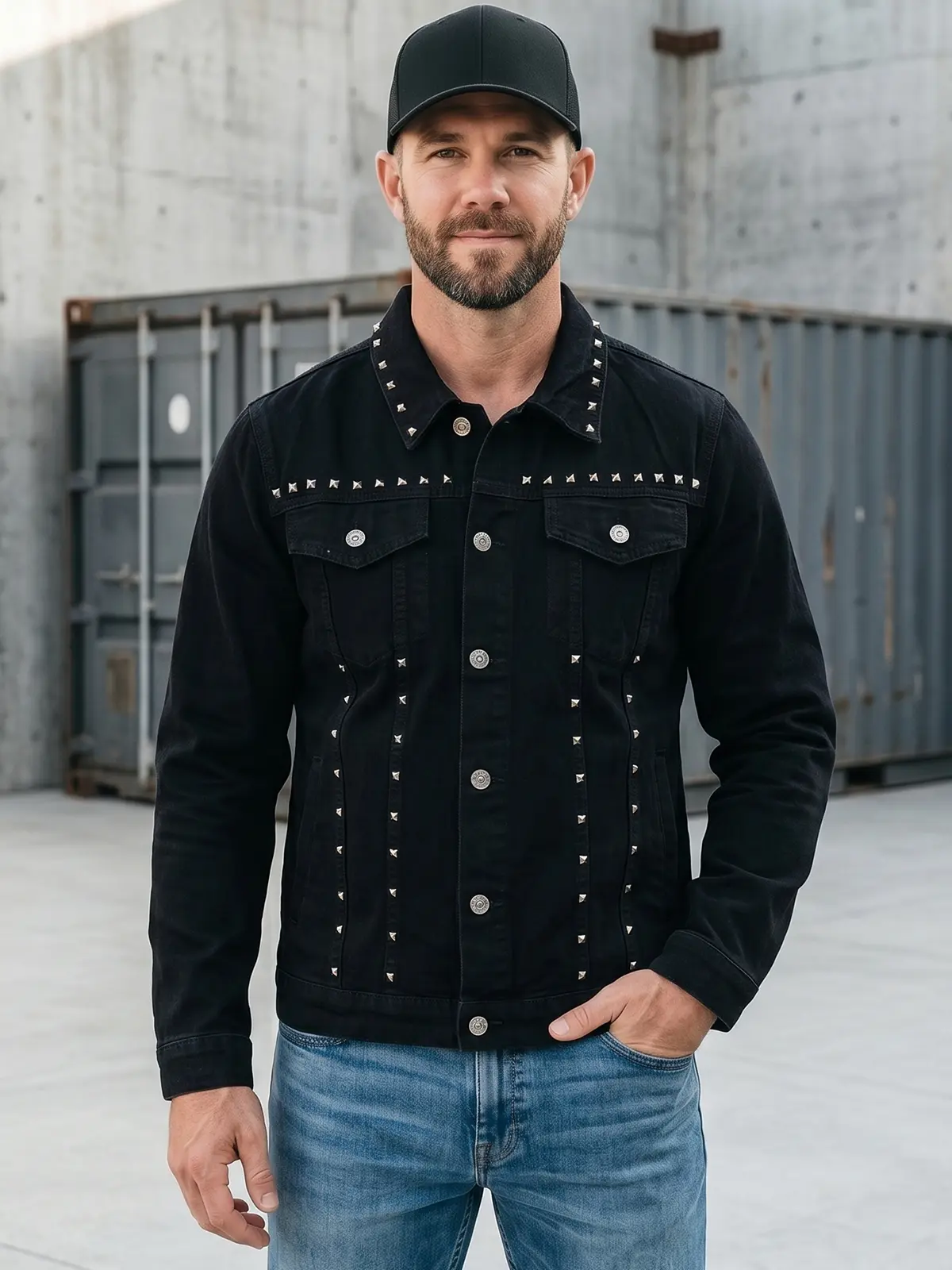 Men’s Studded Punk Denim Jacket – Premium 100% Cotton Rigid Jeans Coat, Heavy Vintage Rivets, Gothic Casual Streetwear