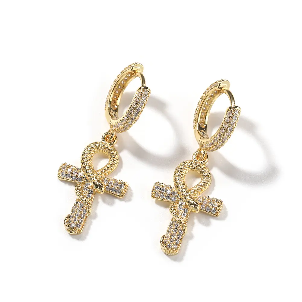 Men's Hip-Hop Ankh Shape Stud Earrings with Coiled Snake and a Shining Simulated Zirconia Gemstone Accent