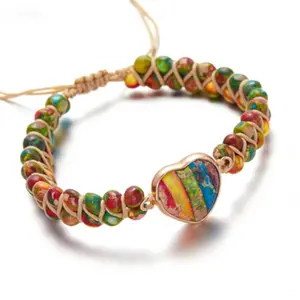 Colorful Natural Stone Heart Charm Bracelet, Adjustable Macrame Beaded Bracelet, Pride & Boho Style Jewelry Gift for Her