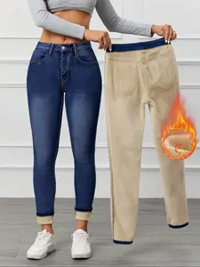 Women's High Elasticity Button Fleece Lined Thick Denim Jeans, Fall & Winter Fashion, Comfortable Slimming Jeans, Elegant Style# snow#snowstorm#winter#winterstorm#snowday#cold