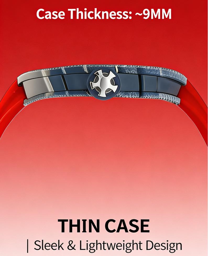 Fashion Skeleton Quartz Watch for Men, Carbon Fiber Design, Red Silicone Band, Perfect for Daily & Sports