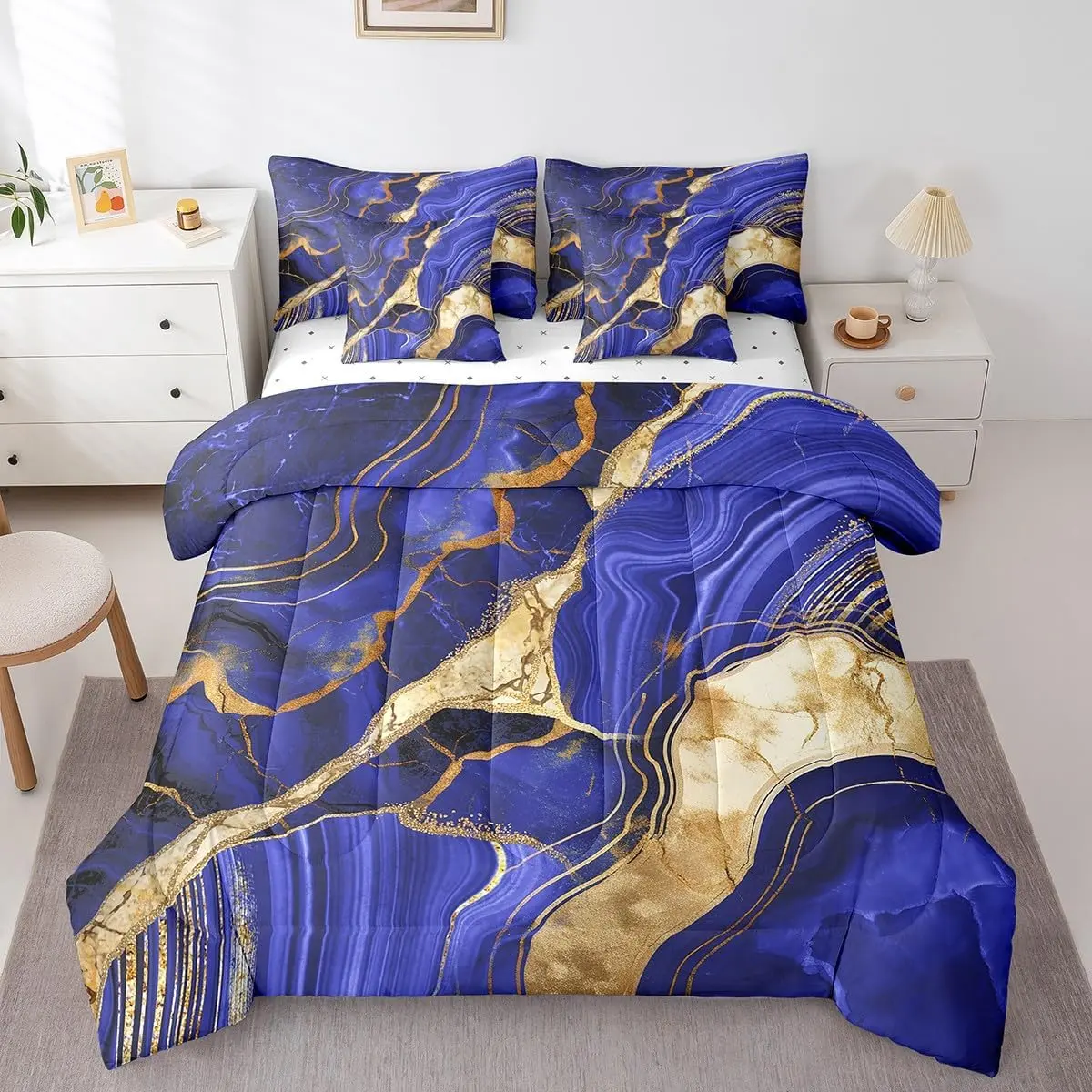 Feelyou 7-in-1 Quilt & Bedding Set - Purple Blue Marble Comforter, Gold Crack Print Sheets, Dark Abstract Metallic Quilted Cover, Shiny Boho Hippie Geometric Bedspread for Home Bedroom (Bedding Sets Collections), Quilt Sets, Bedspread Set Queen
