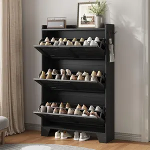 Shoe Cabinet Storage for Entryway, Narrow Shoe Cabinet with 2 Flip Drawers, Freestanding Hidden Slim Shoe Organizer Cabinet with Hooks for Foyer, Hallway, Garage, Black