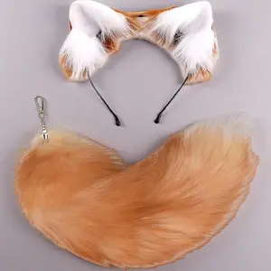L-F01 Fluffy Cat Ears & Tail Set for Kids - Adjustable Wolf and Fox Cosplay Costume Kit with Keychain for Halloween Party