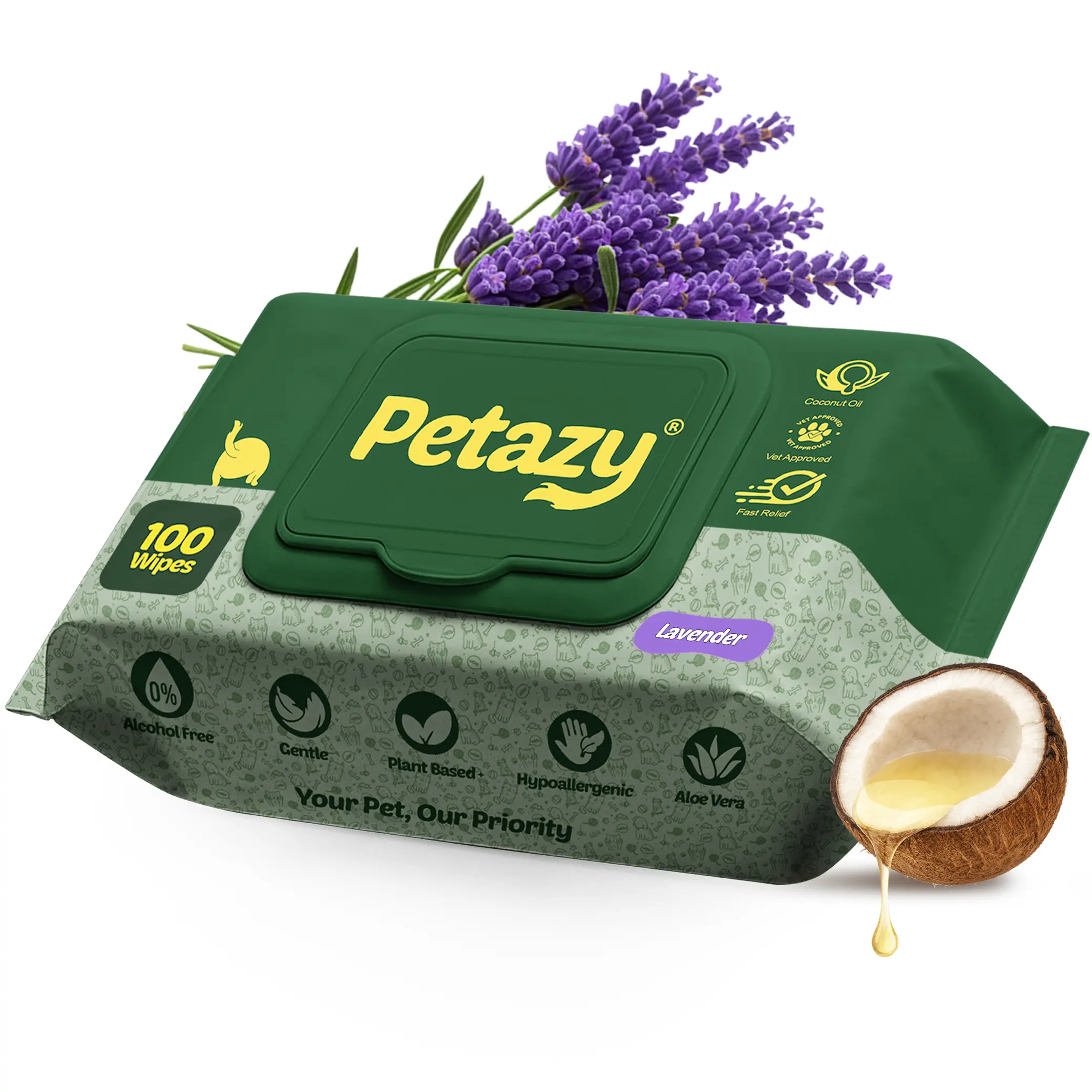Pet Wipes for Dogs & Cats | Extra Thick Cleaning Wipes for Paws, Ears, Eyes & Butt | Gentle, Hypoallergenic Lavender Scent – Petazy (100 Wipes)