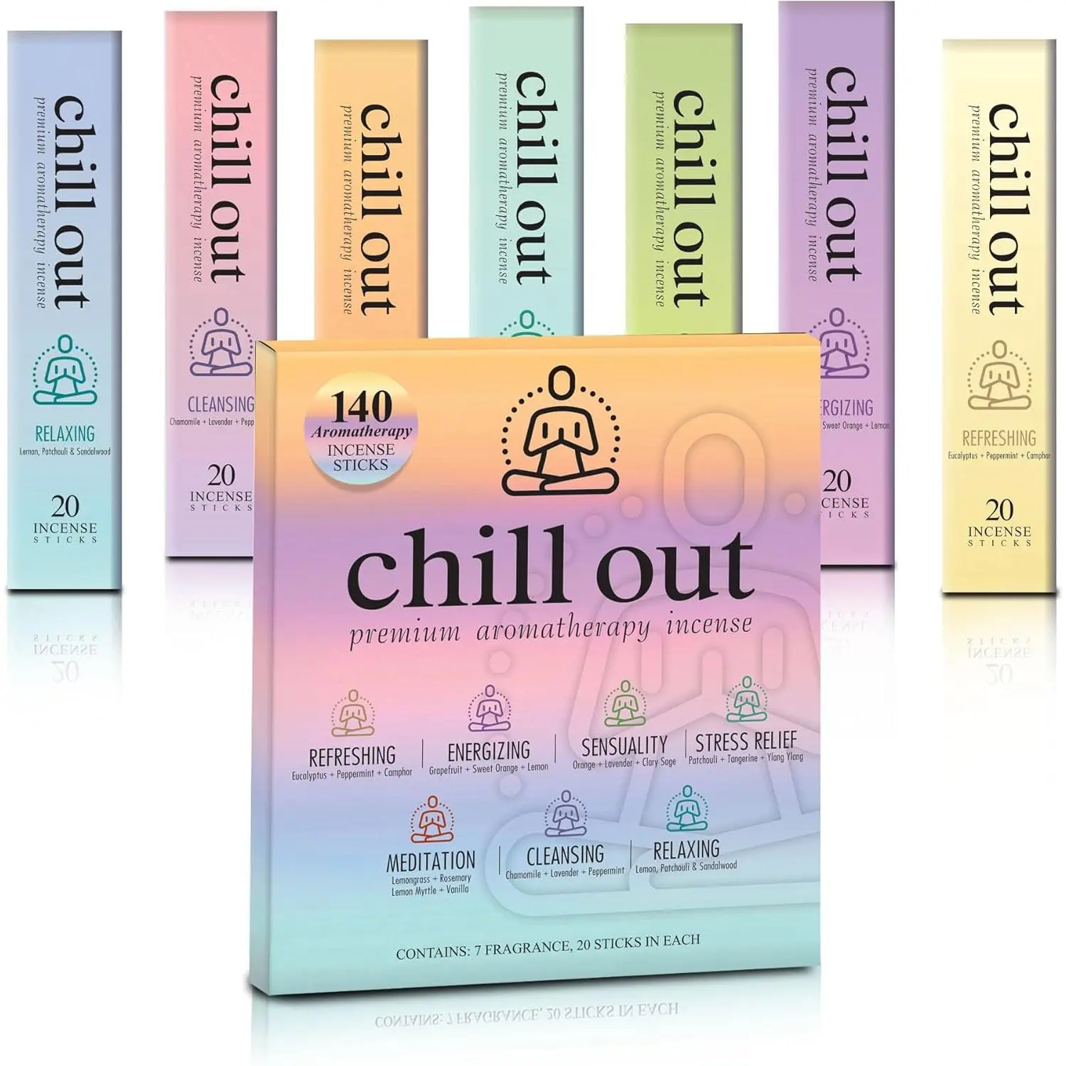Chill Out Scented Fragrance Aromatherapy Incense Sticks Gift Set - 7 Unique Scents, 140 Premium Organic Slow-Burning Sticks for Yoga, Relaxation