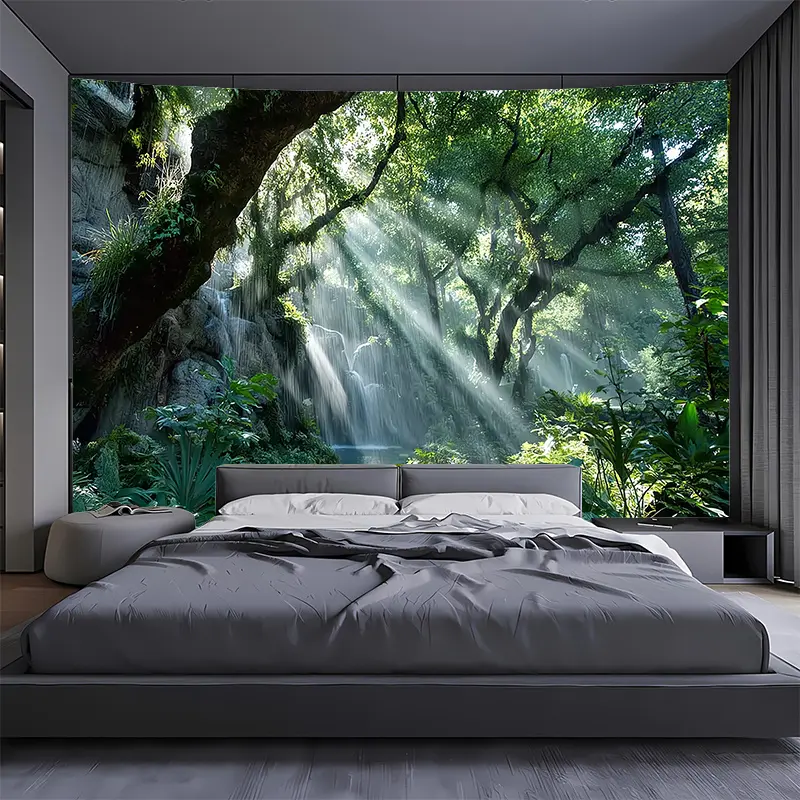 1pc Extra Large Polyester Tropical Forest Tapestry - Jungle Waterfall & Sunlight Landscape Wall Hanging, Lush Greenery Backdrop for Living Room, Photo Shoots, Durable Fabric, Birthday/Party Decor, No Installation Needed