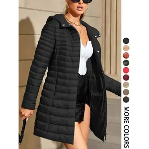 Plus-size women’s long puffer coat jacket for fall and winter, warm hooded coat with pockets, casual fitted outerwear, elegant commuter-style clothing