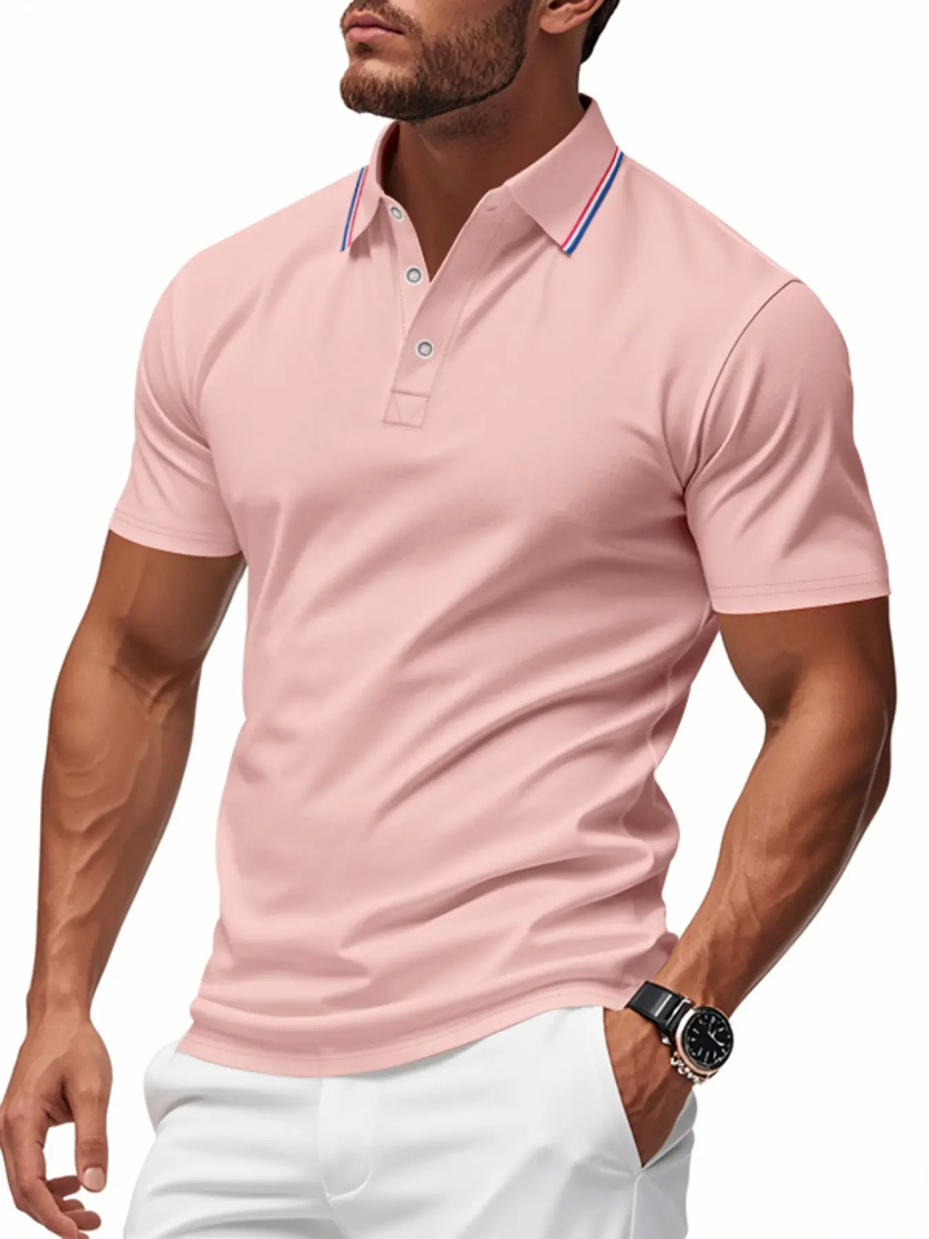 Men's Striped Neckline Detail Polo Jersey, Elastic Knit Short Sleeve, Daily Wear, Comfortable and Stylish, Perfect for Casual, Casual Polo Shirts