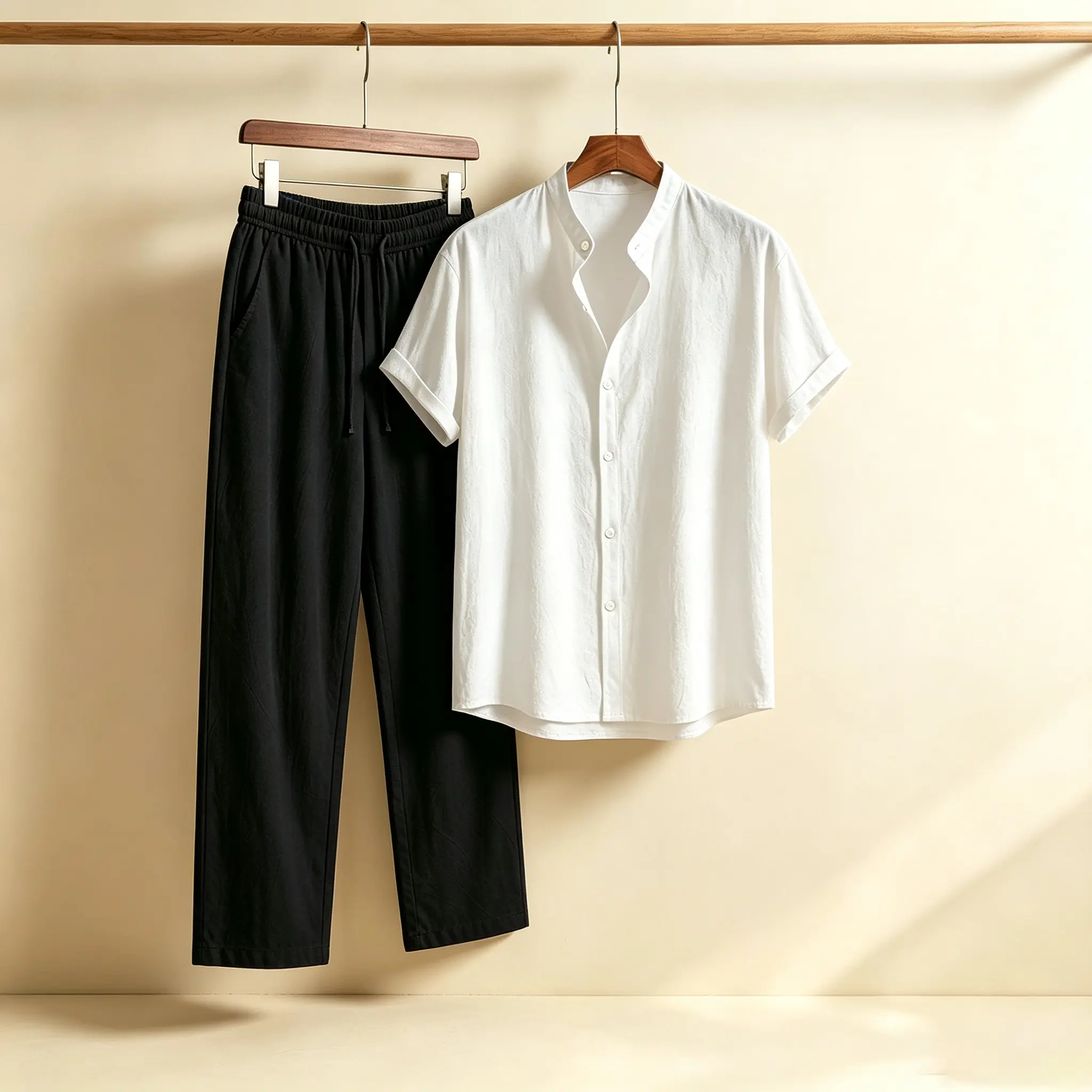 Men's Casual 2-Piece Linen Set with Stand Collar Shirt and Drawstring Pants, Loose-Fit, Lightweight & Breathable for Summer Loungewear, Two Piece Set