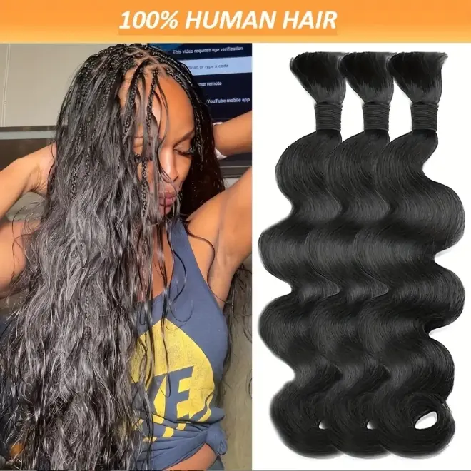 Bulk Human Hair Extensions for Braiding - No Weft Boho Knotless Micro Braids, Body Wave 12-28 Inch Natural Black Color, 100% Human Hair for Women, All Ethnicities, Braiding Hair Packs 50g/Pack