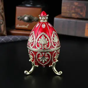 Elegant Hand-painted Faberge Egg Trinket Box, Decorative Oval Metal Jewelry Holder with Golden Accents, Magnetic Closure, for Rings, Necklaces, Earrings