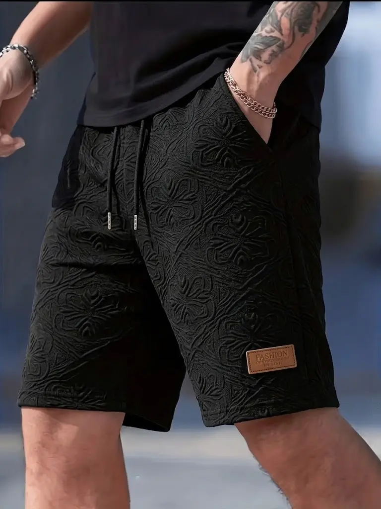 Men's Knitted Floral Jacquard Shorts, Textured Solid Color Elastic Drawstring Waist Loose Fit Breathable Bottoms, Summer Casual Daily Wear