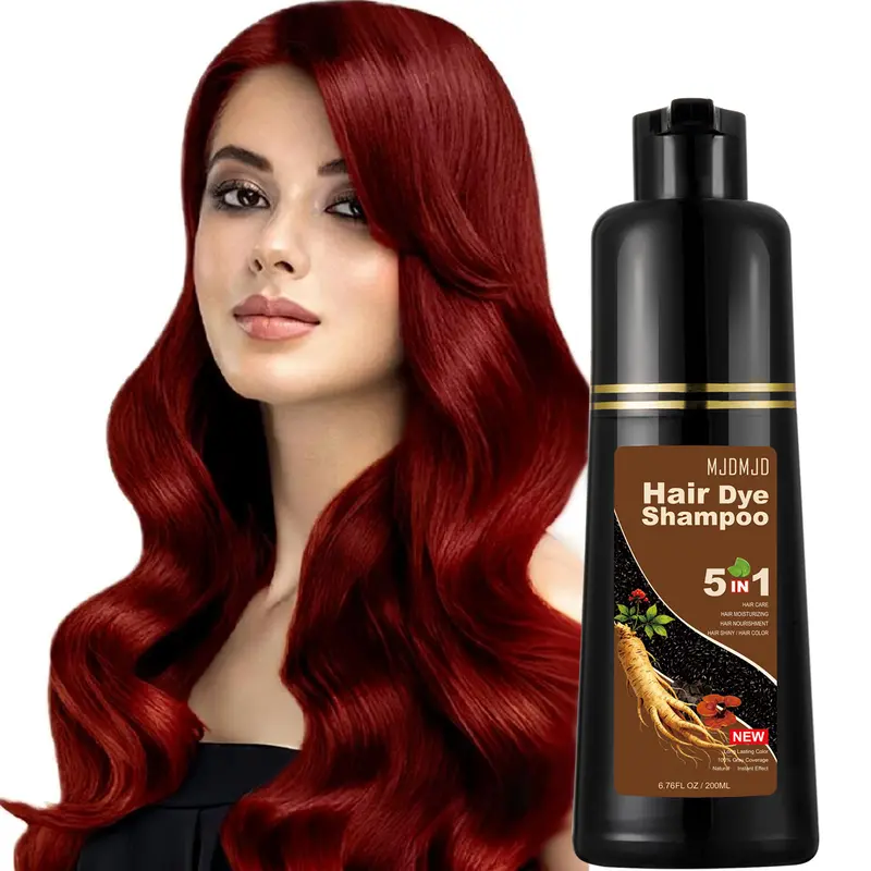 Wine Red 5-in-1 Hair Color Shampoo for Adults, 200ml Quick-Acting Hair Dye with Ginger & Ginseng Extracts, Portable Size Experience Pack, Colors+Conditions+Covers Grays+Boosts Shine+Strengthens, Sohochic Haircare Formula