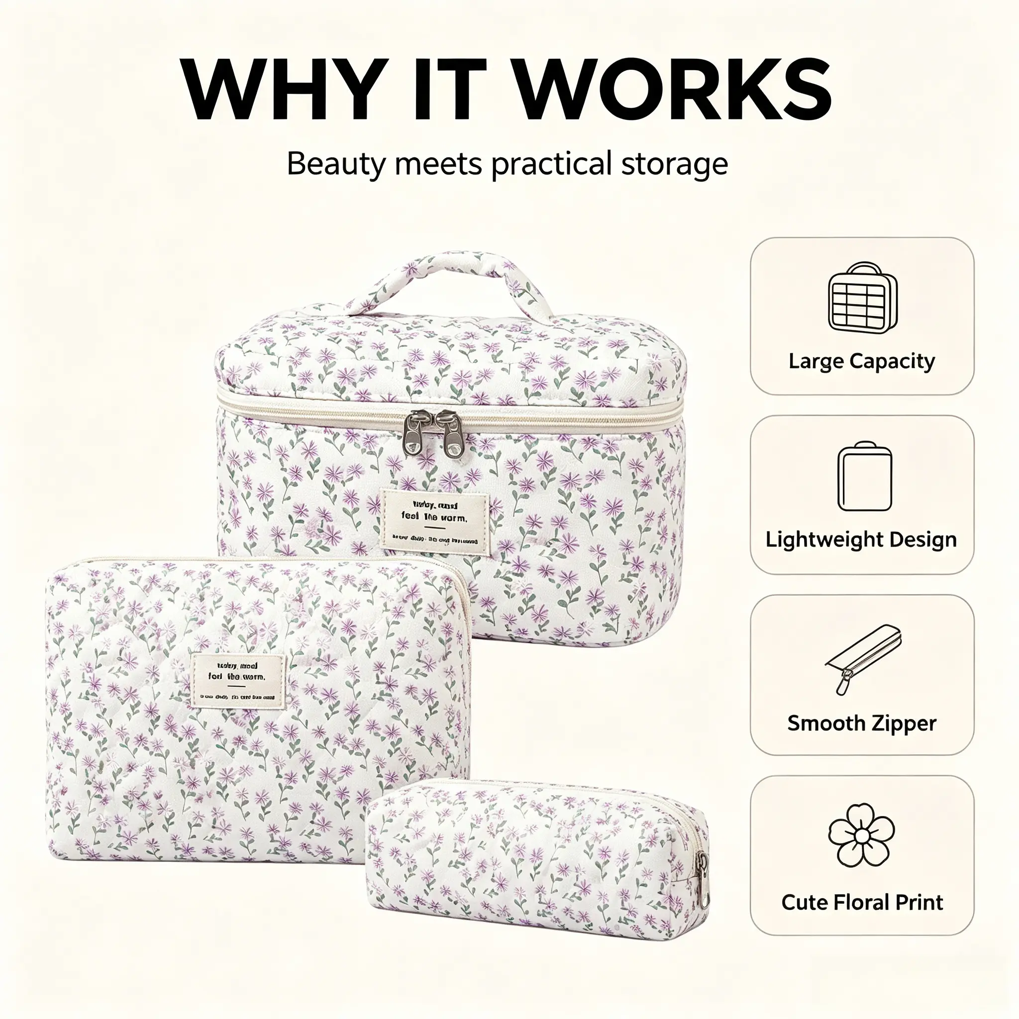 Cosmetics Organizer 3-Pack for Women, Elegant Padded Quilted Floral Polyester Makeup Bags, Reusable Multi-use Pouch for Travel & Makeup Organization, Handheld Cosmetic Pouch, Makeup Storage Solutions