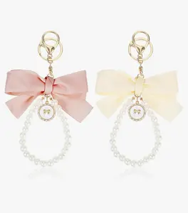 Elegant Bow Pearl Keychain Set - 2 Pcs Sakura Bowknot Keychains Wristlet Tassel Bow-knot Keychain Bow Bag Charm Cute Car Key Ring for Women