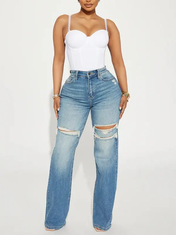 Remi Ripped Stretch Baggy Jeans - Medium Wash