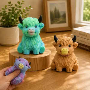 Highland Cow TPR Squishy Toy Soft Slow Rise Stress Relief Fidget Toy ASMR Kawaii TikTok Viral Sensory Squeeze Toy Mochi Squishy Cute Desk Decor Anxiety Relief Toy for Kids Teens Adults Home Office School Party Gift