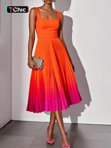 Elegant Sleeveless Square Neck Dress for Women, Womenswear, Gradient Design, Pure Color Fashion, Spring Summer Bestseller, Chic Business Style, Casual Chic Dress
