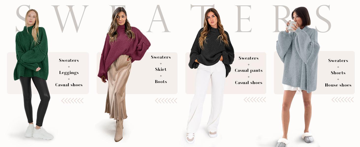 Imily Bela【Oversized】Womens Sweaters Mock Neck Batwing Long Sleeve Fall Trendy Ribbed Knit Casual Tunic Sweater