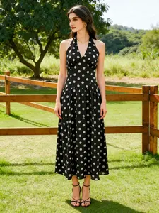 Women's Polka Dot Print Maxi Dress, Sleeveless Backless Halter Neck, Summer Cocktail Party Dress, Casual Elegance for Holidays Beach valentine's day outfit，valentine gifts