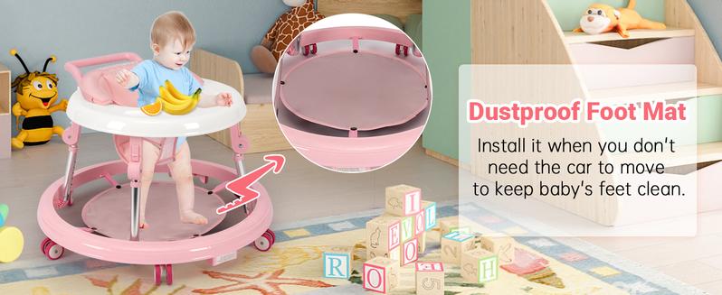 Baby Walker Foldable with 9 Adjustable Heights, Baby Walkers and Activity Center for Boys Girls Babies 7-18 Months, Baby Walker with Wheels Portable