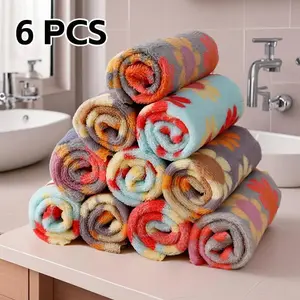 Floral Print Soft Washcloth, 6 Counts Absorbent Coral Velvet Square towel, Multifunctional Towel for Home Use, Flower Multicolor, Flower Hand Towel