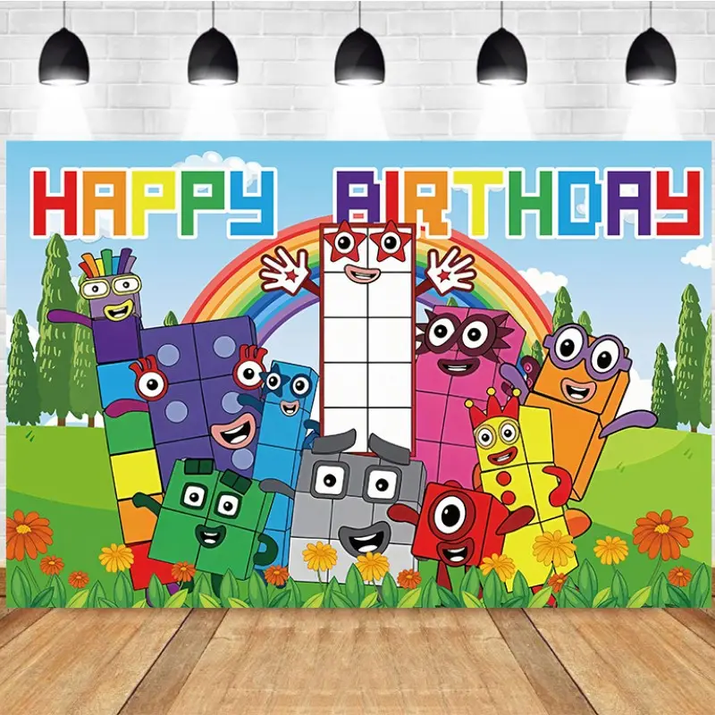 Photography Background Cartoon Block Characters Happy Birthday Colorful Childlike Scene Children's Birthday Party Photo Studio Backdrop