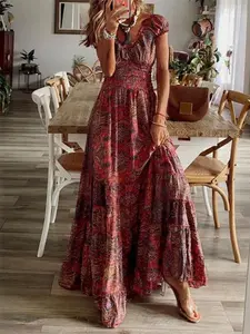 Boho Style New Arrival Long Dress, Waist Cinched Floral Print Maxi Dress, Trendy Bohemian Fashion for Women, Perfect for Casual Wear