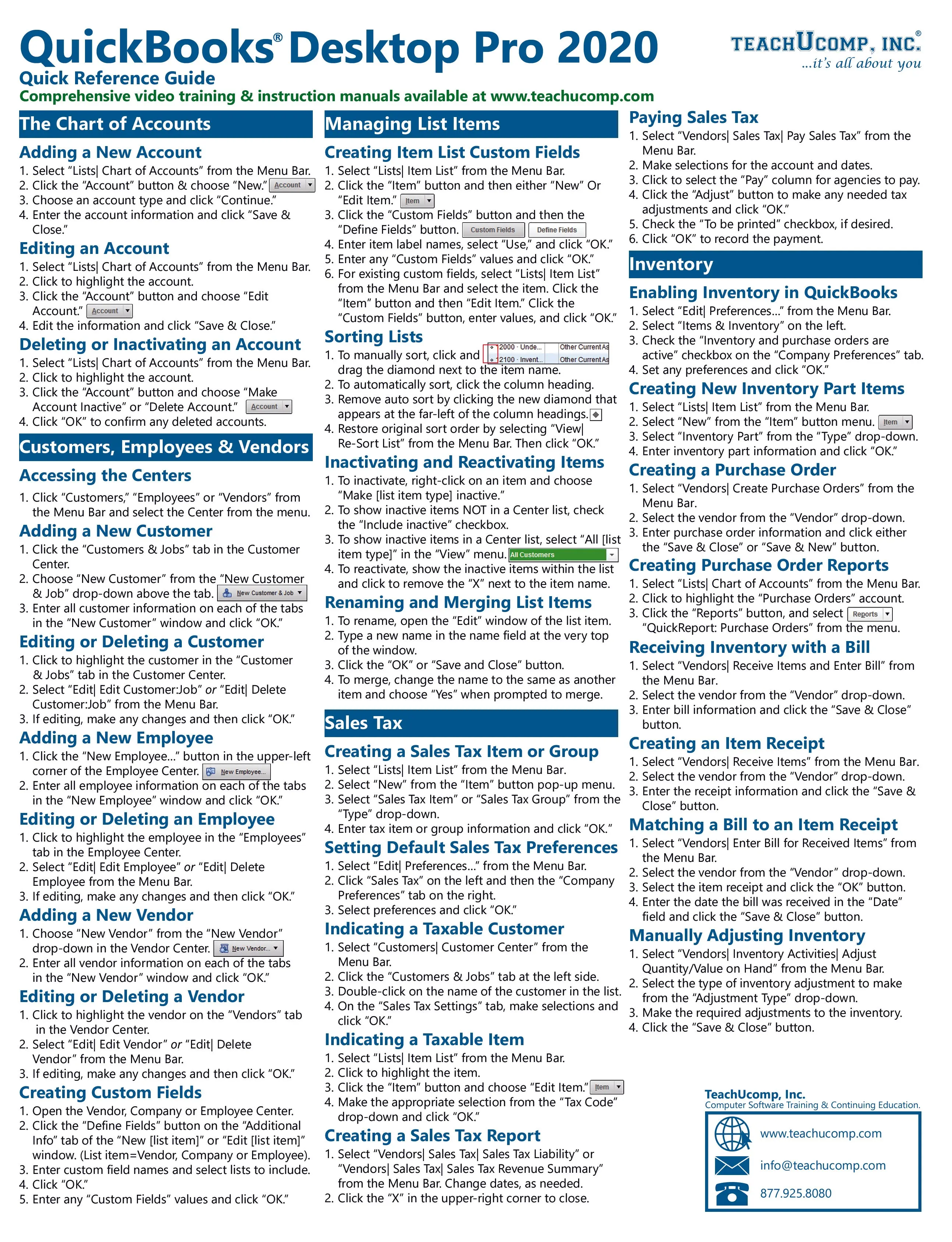 QuickBooks Pro 2020 Quick Reference Guide