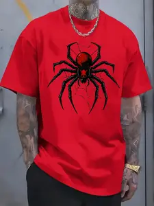 Men'S Halloween Spider Graphic T-Shirt - Bold Red Spider Web Print, Short Sleeve Crew Neck, Casual & Party Wear, All-Season Comfort Fit, Spider Tshirt Classic Cotton Menswear Top Comfy Day Oversized Smooth Tee Vintage