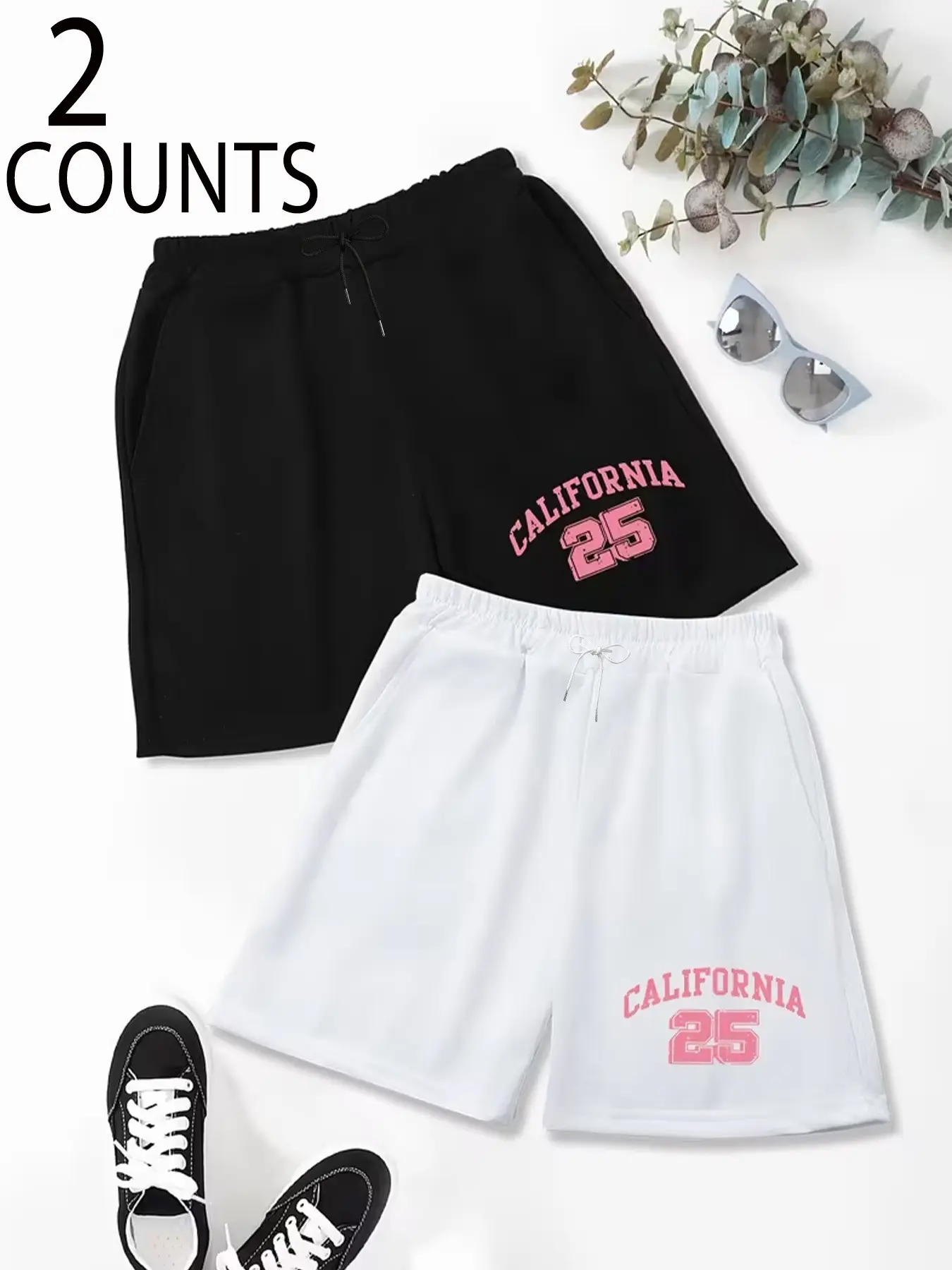 Women's Summer Drawstring Shorts Set, California 25 Print Design, Adjustable Waistband, Multiple Pockets, Perfect for Outdoor Casual Activities