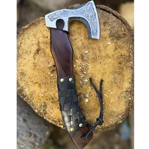 Black Outdoor Camping Hatchet with Wooden Handle – Compact Steel Axe with Wrapped Grip