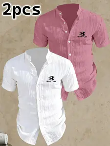 Men's Summer Short Sleeve Shirt Set, Lightweight Breathable, Letter Print Button Down, Stand Collar, Beach Party Casual Wear