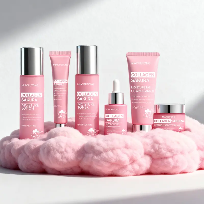 Collagen Sakura Skin Care Set - Cleanser, Lightweight Moisturizer, Sakura Extract, Bifida Ferment Filtrate, Morning Routine, Daily Facial Routine, Deep Hydration, All Skin Types, Free Storage Pouch, Gift Box Assortment, Valentine’s Day Gift