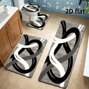 DearTex 4pcs Grey Black White Curved Line Flannel Bath Rug Set, Non-Slip Water Absorbent Bathroom Mats, U-Shaped Toilet Lid Cover, Washable Shower Mat Set summervibes