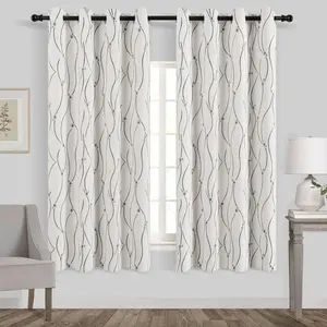 Curtains 72 inch Length 2 Panel Set Grommet Linen Curtain for Living Room Light Reducing Drapes Cream Farmhouse Draperies Textured Window Curtains Black Pattern