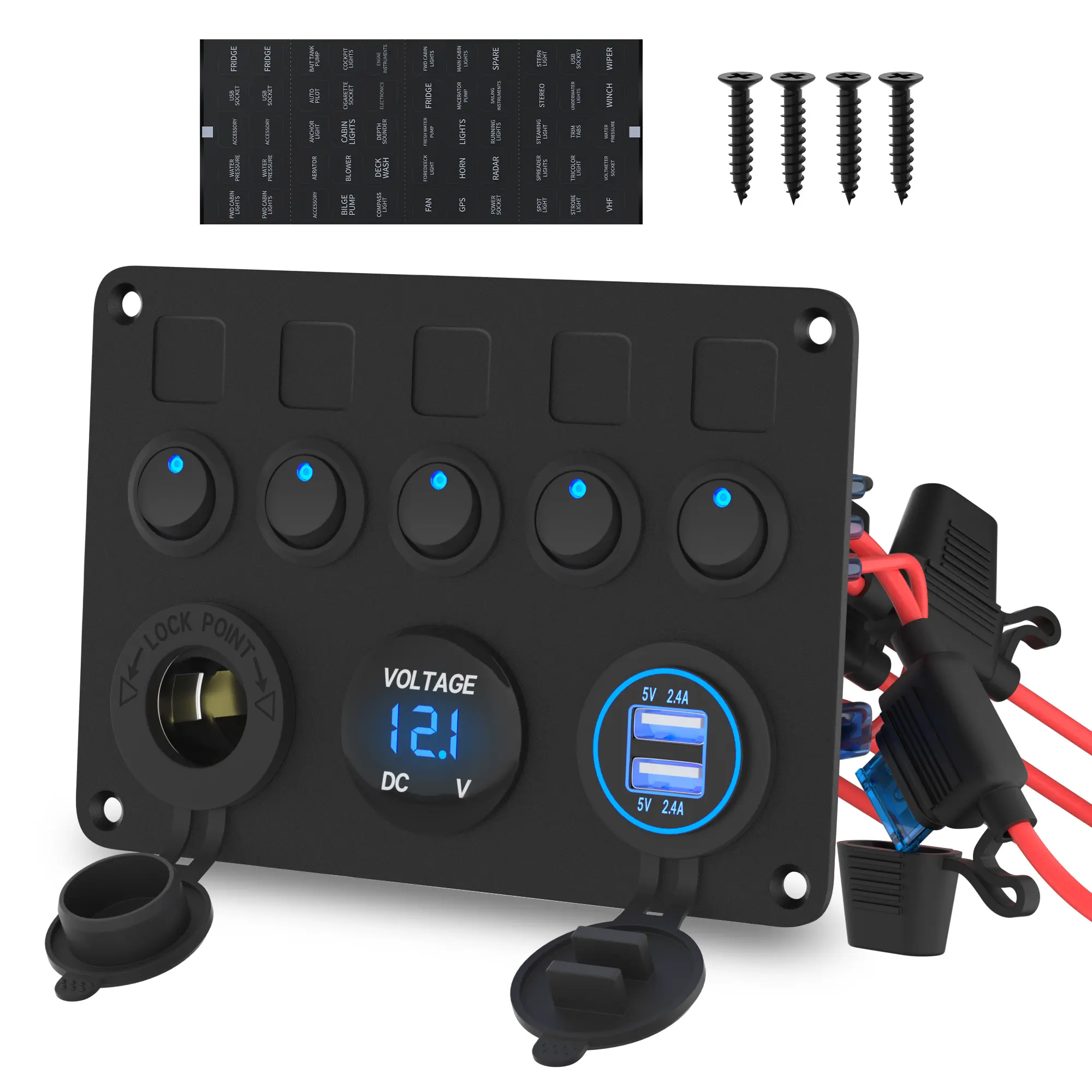 Eunik 5 Gang Rocker Switch Panel UL Listed 12 Volt ON-Off Switch Panel Blue LED with Inline Fuse & 4.8A USB Charger Socket & Digital Voltmeter & 12V Cigarette Lighter Socket for Marine Boat Car Switchboard